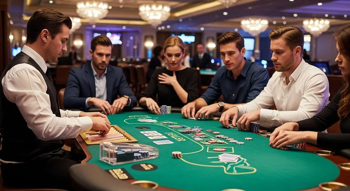 Instant Casino Giocatori e mazziere al tavolo da poker del casinò